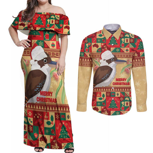 Australia Christmas Couples Matching Off Shoulder Maxi Dress and Long Sleeve Button Shirt Kookaburra Santa With Gumtree