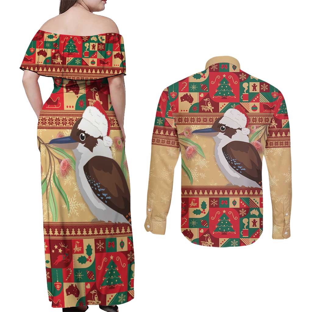 Australia Christmas Couples Matching Off Shoulder Maxi Dress and Long Sleeve Button Shirt Kookaburra Santa With Gumtree