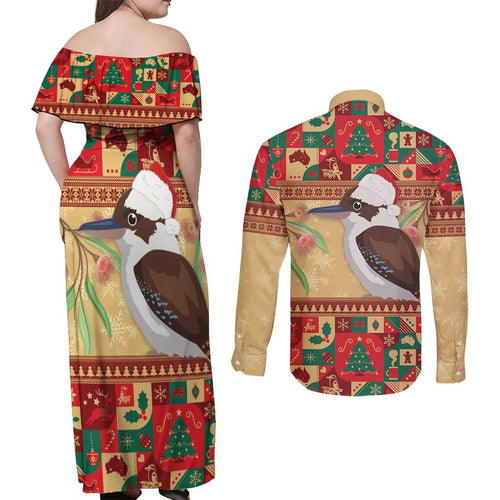Australia Christmas Couples Matching Off Shoulder Maxi Dress and Long Sleeve Button Shirt Kookaburra Santa With Gumtree