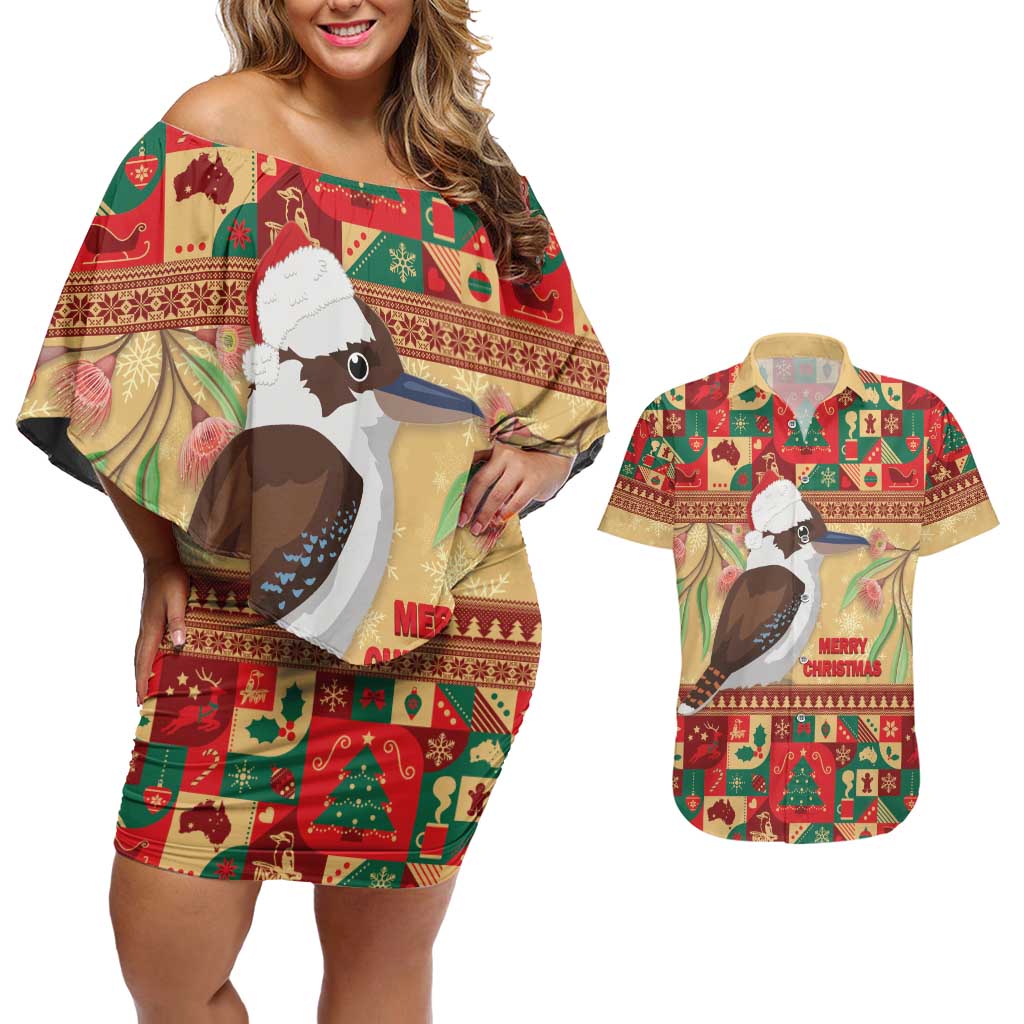 Australia Christmas Couples Matching Off Shoulder Short Dress and Hawaiian Shirt Kookaburra Santa With Gumtree