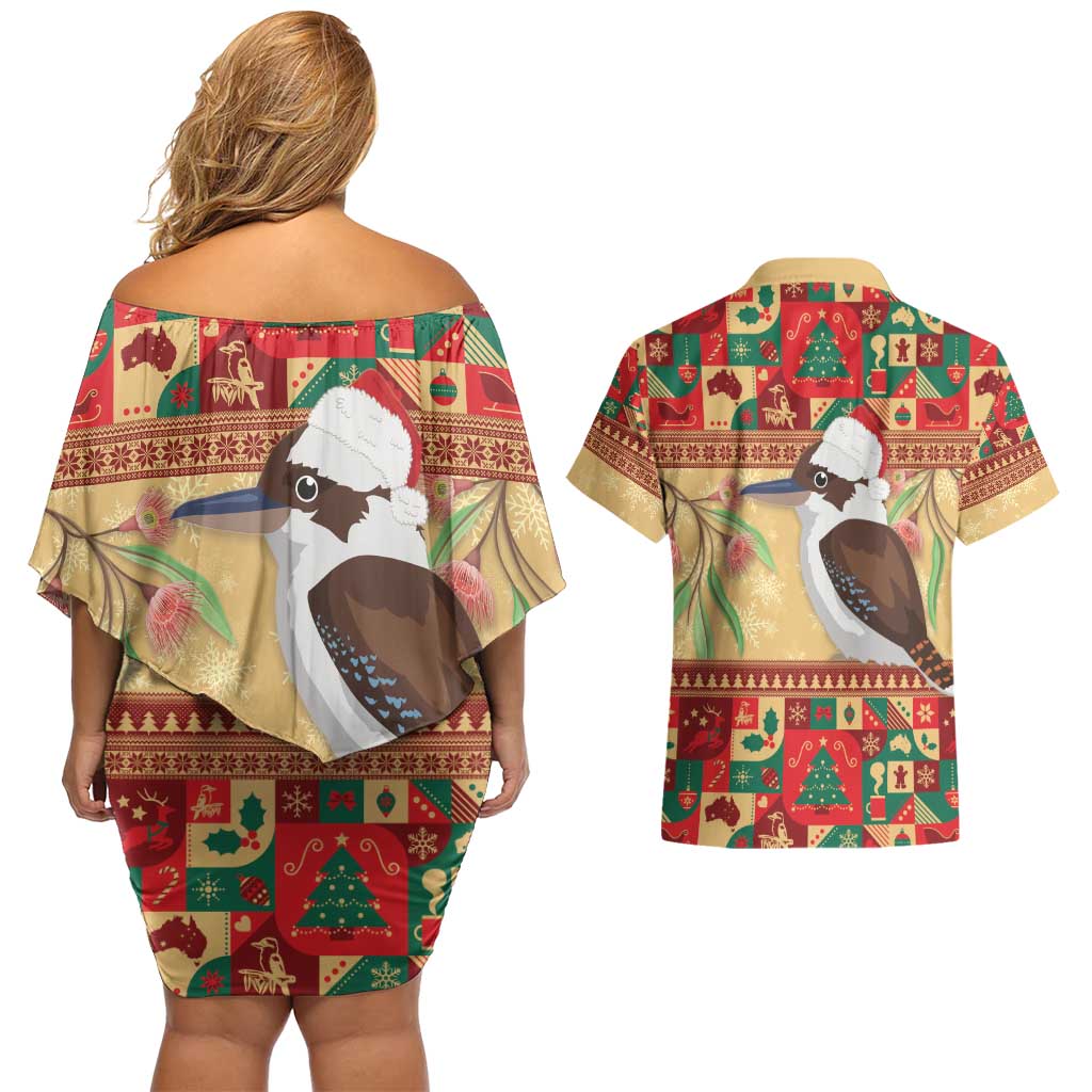 Australia Christmas Couples Matching Off Shoulder Short Dress and Hawaiian Shirt Kookaburra Santa With Gumtree