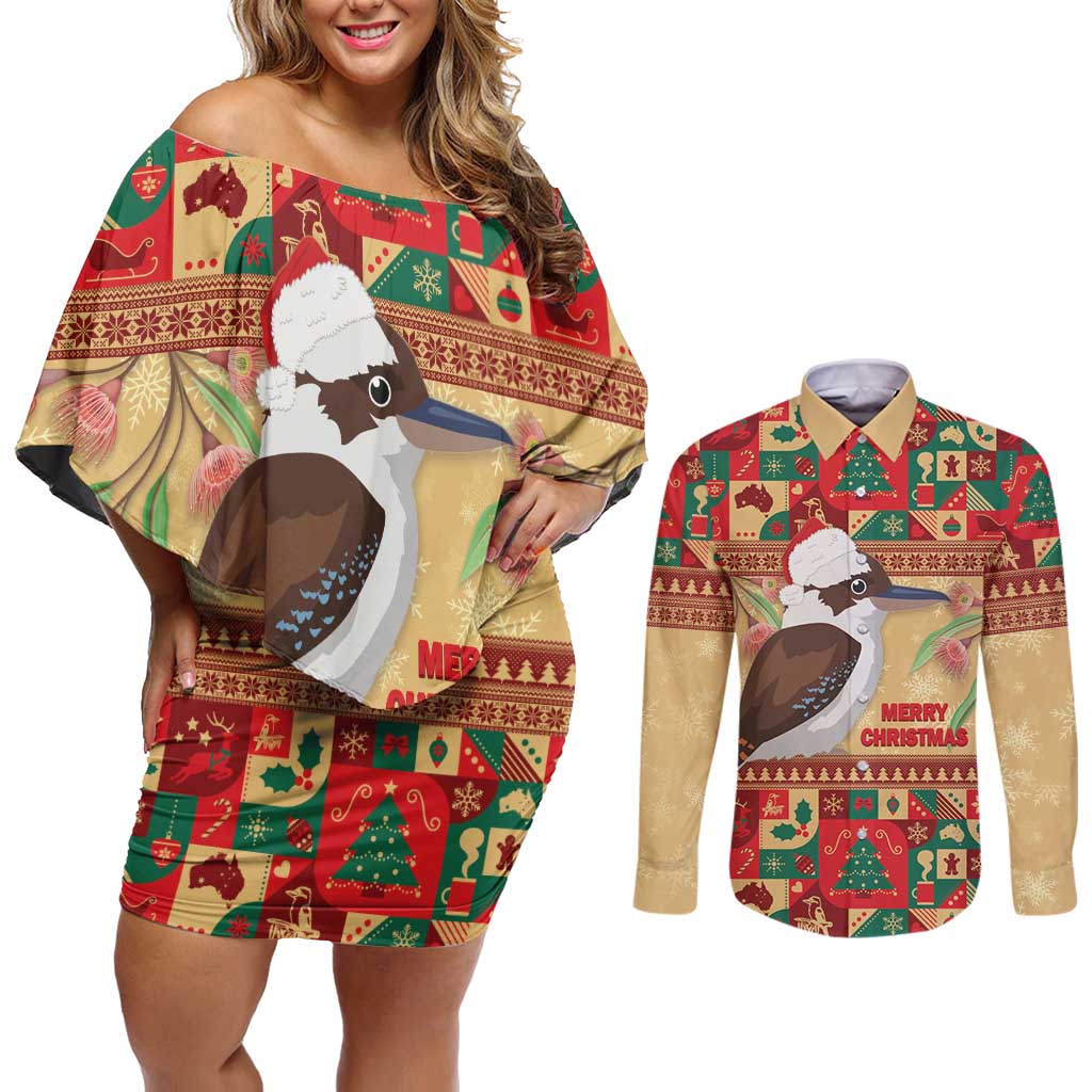 Australia Christmas Couples Matching Off Shoulder Short Dress and Long Sleeve Button Shirt Kookaburra Santa With Gumtree