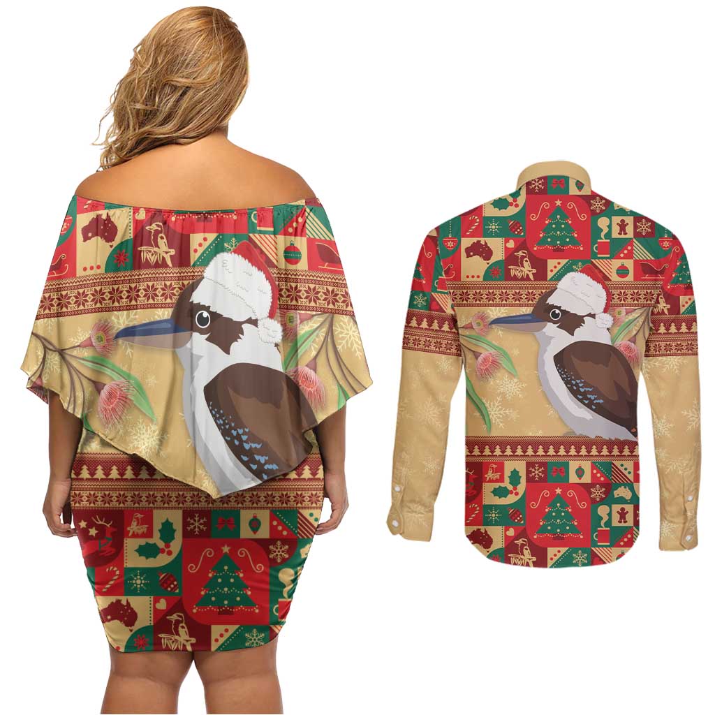 Australia Christmas Couples Matching Off Shoulder Short Dress and Long Sleeve Button Shirt Kookaburra Santa With Gumtree
