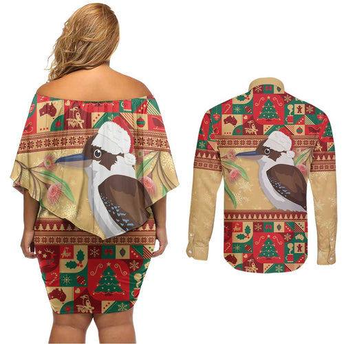 Australia Christmas Couples Matching Off Shoulder Short Dress and Long Sleeve Button Shirt Kookaburra Santa With Gumtree