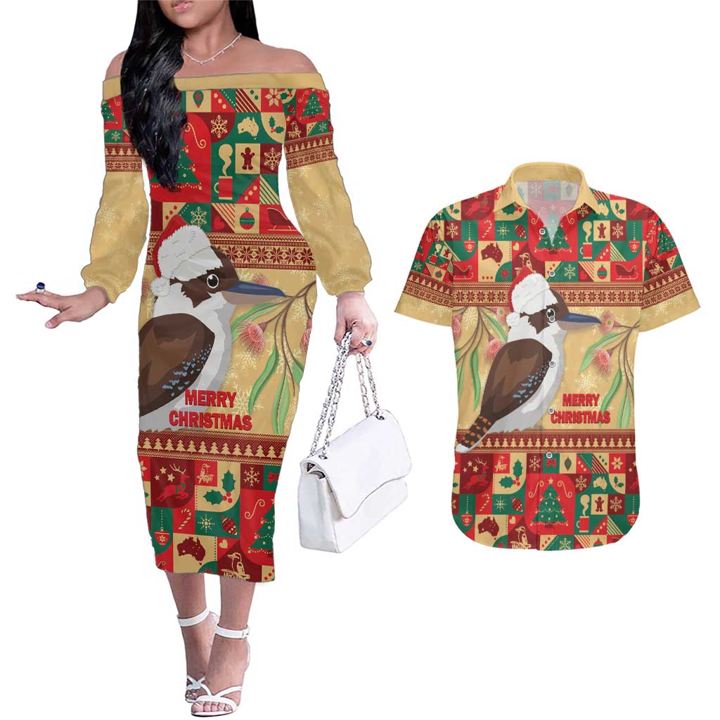 Australia Christmas Couples Matching Off The Shoulder Long Sleeve Dress and Hawaiian Shirt Kookaburra Santa With Gumtree
