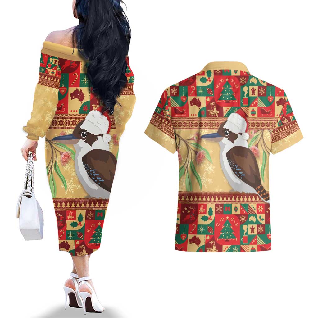 Australia Christmas Couples Matching Off The Shoulder Long Sleeve Dress and Hawaiian Shirt Kookaburra Santa With Gumtree