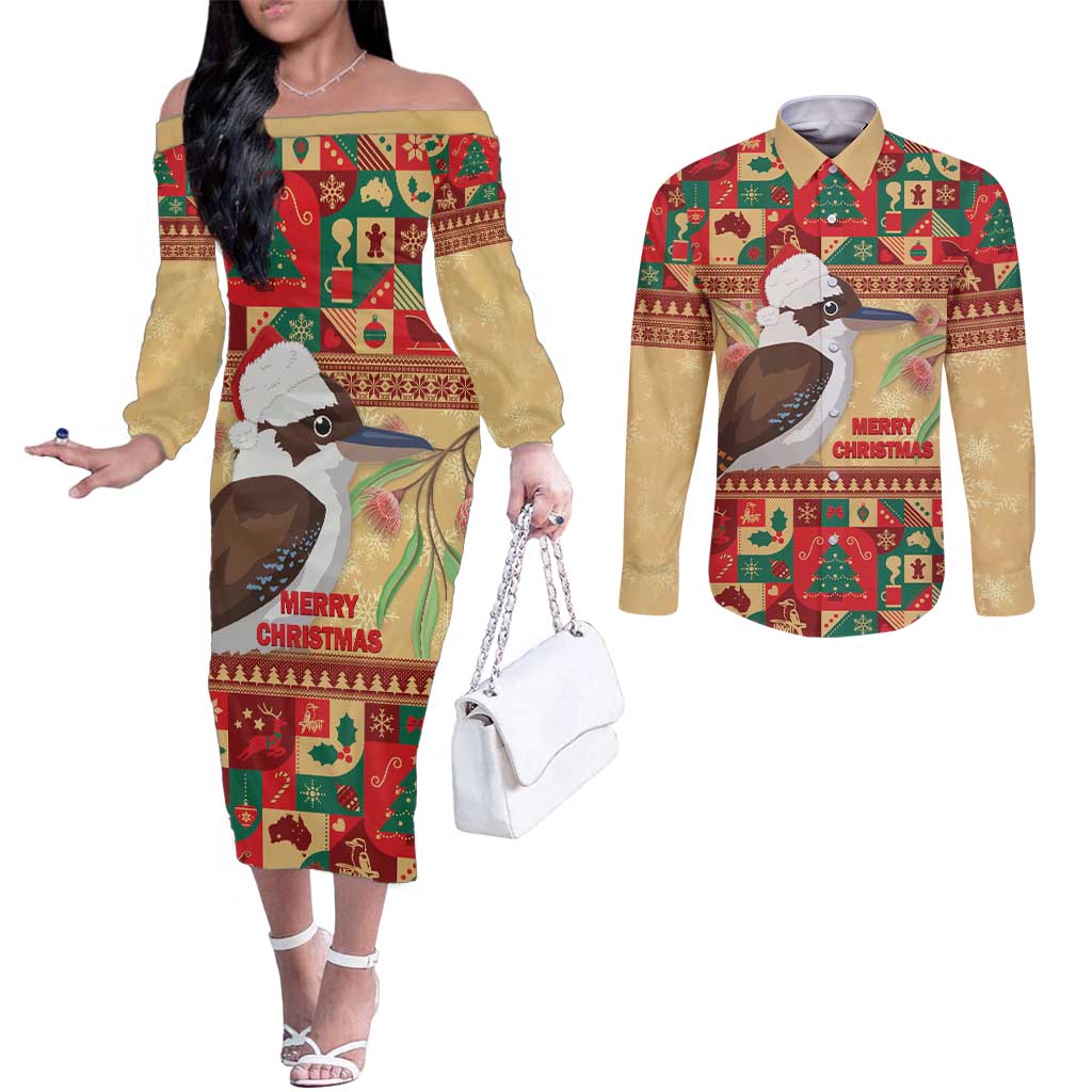 Australia Christmas Couples Matching Off The Shoulder Long Sleeve Dress and Long Sleeve Button Shirt Kookaburra Santa With Gumtree