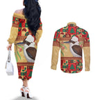 Australia Christmas Couples Matching Off The Shoulder Long Sleeve Dress and Long Sleeve Button Shirt Kookaburra Santa With Gumtree