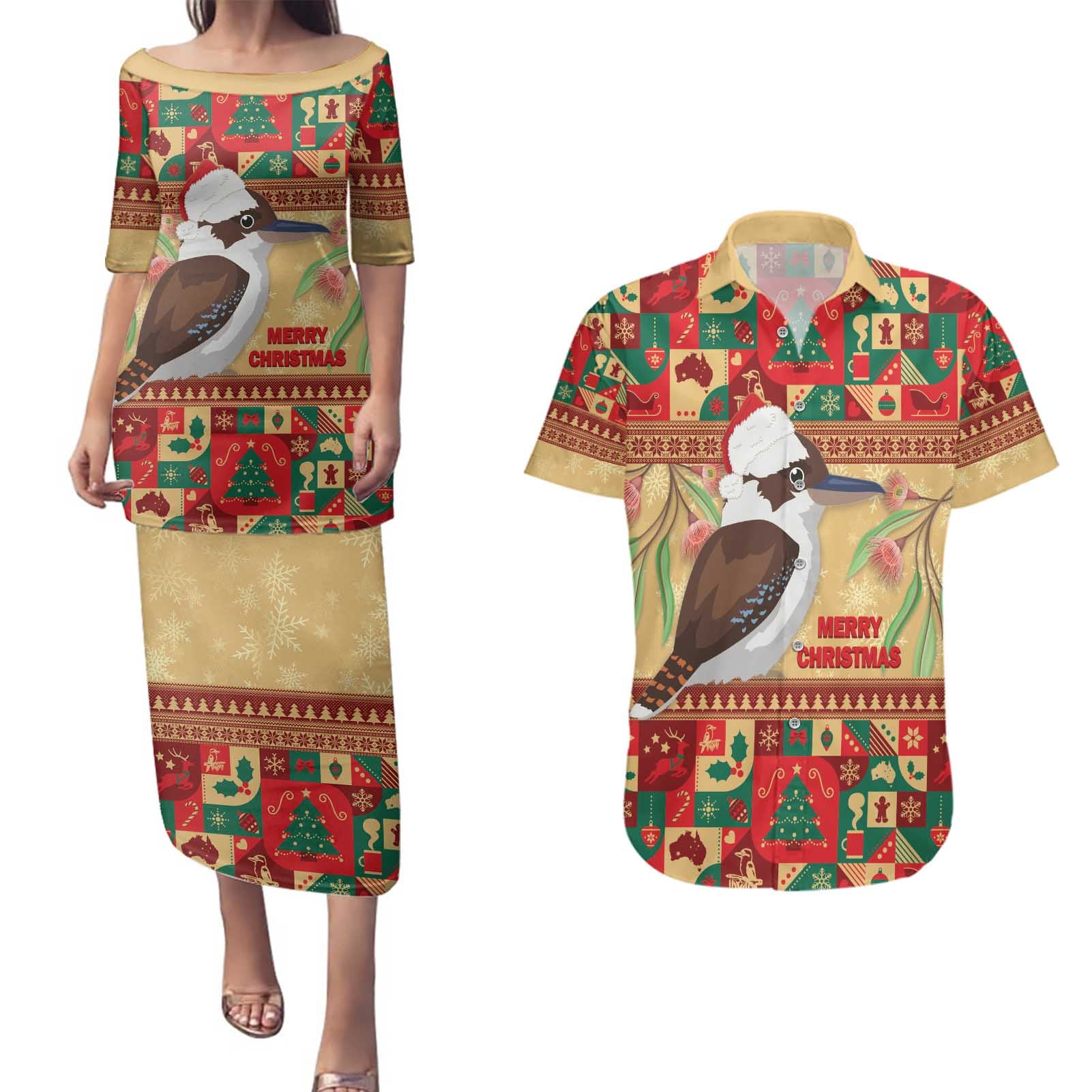 Australia Christmas Couples Matching Puletasi and Hawaiian Shirt Kookaburra Santa With Gumtree