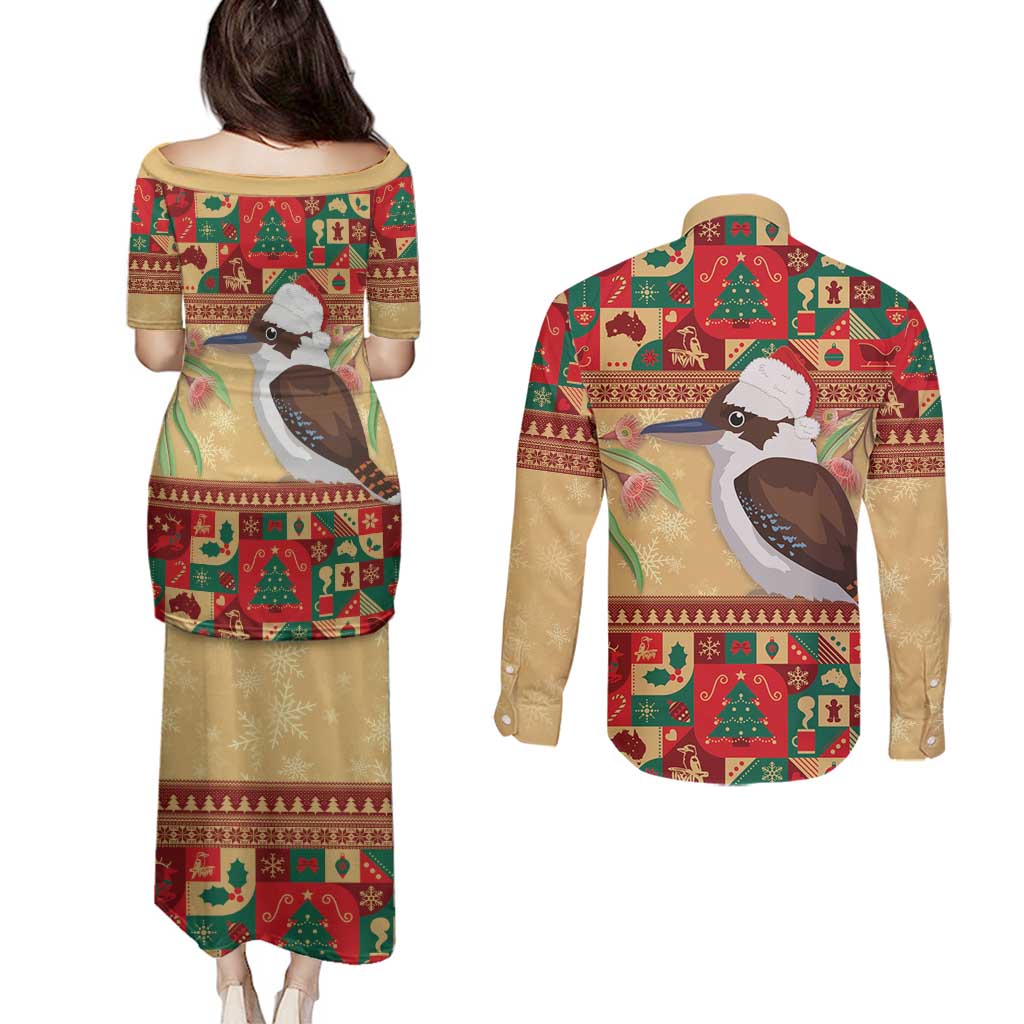 Australia Christmas Couples Matching Puletasi and Long Sleeve Button Shirt Kookaburra Santa With Gumtree