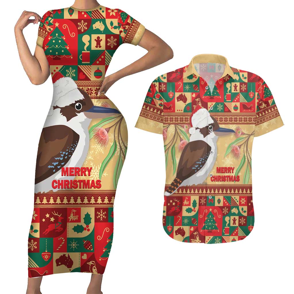 Australia Christmas Couples Matching Short Sleeve Bodycon Dress and Hawaiian Shirt Kookaburra Santa With Gumtree