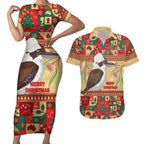 Australia Christmas Couples Matching Short Sleeve Bodycon Dress and Hawaiian Shirt Kookaburra Santa With Gumtree