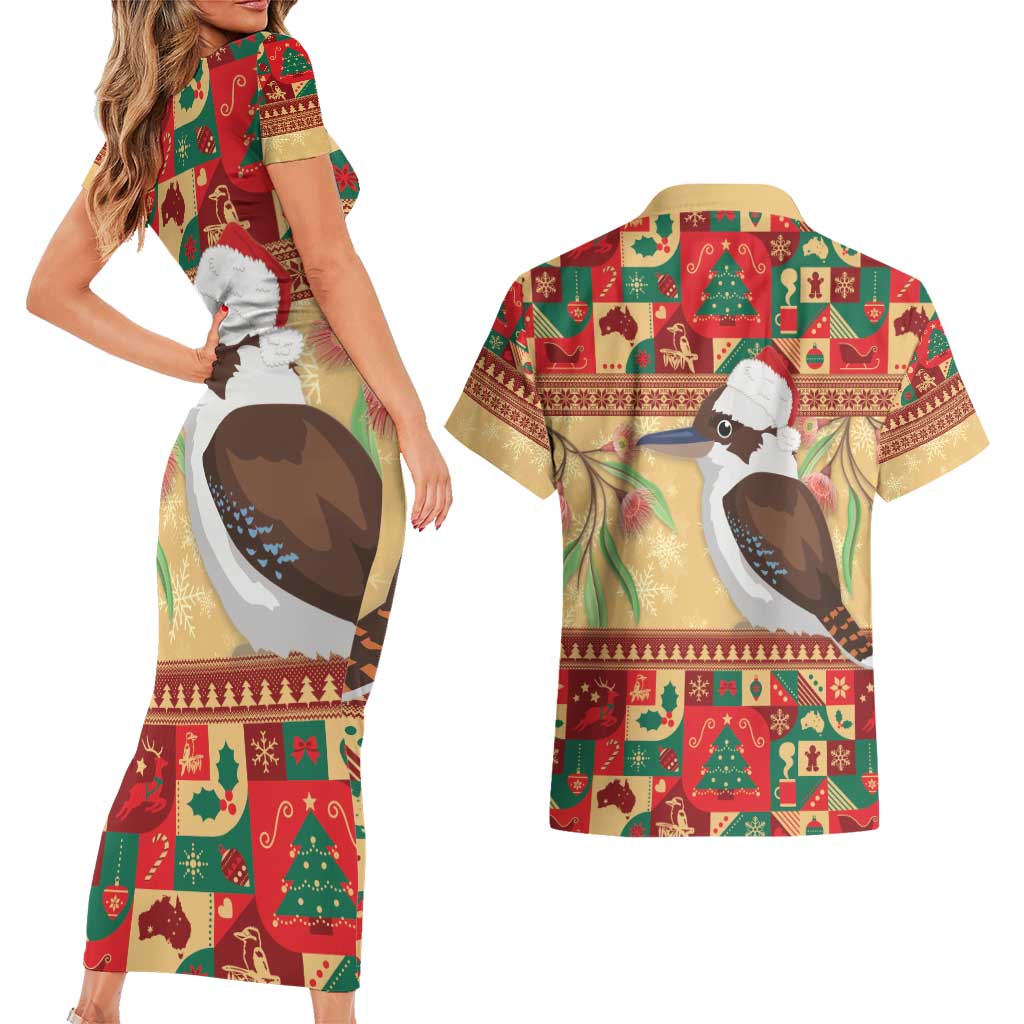 Australia Christmas Couples Matching Short Sleeve Bodycon Dress and Hawaiian Shirt Kookaburra Santa With Gumtree