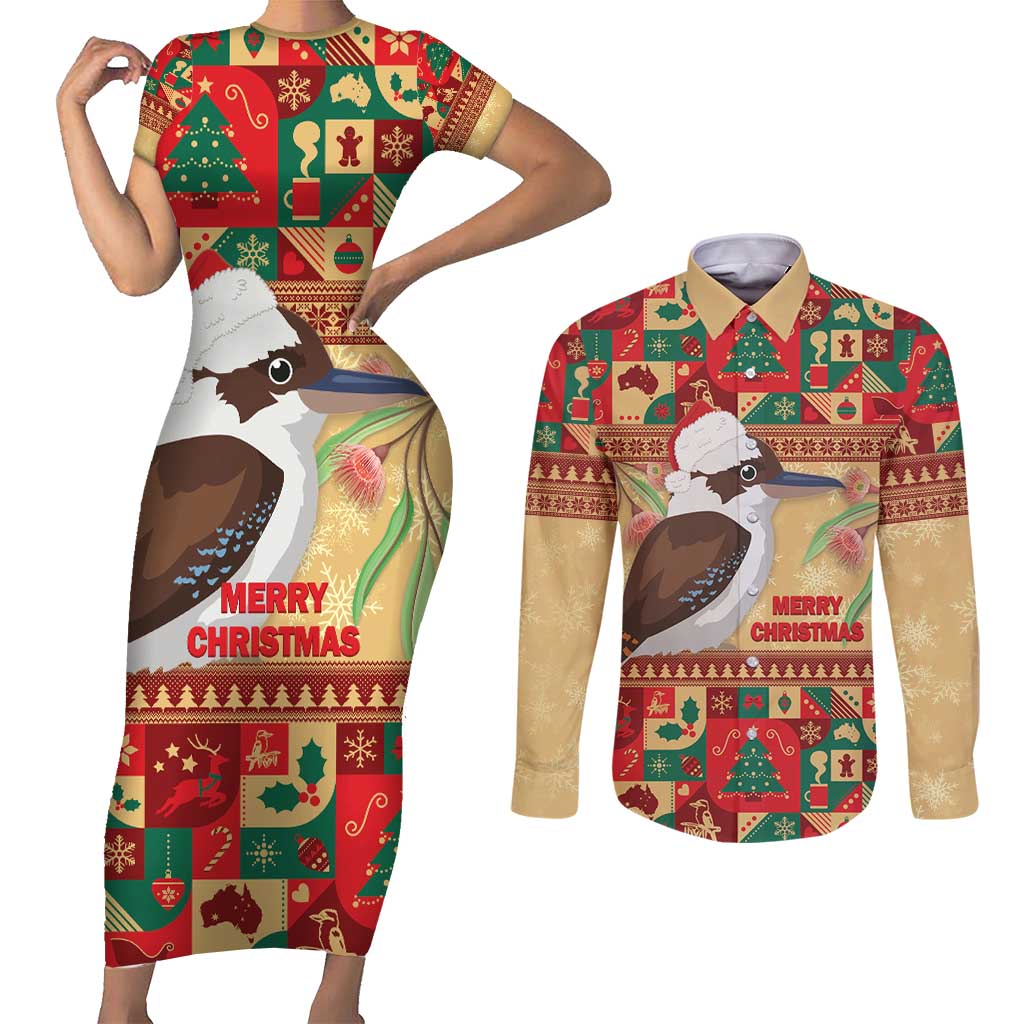 Australia Christmas Couples Matching Short Sleeve Bodycon Dress and Long Sleeve Button Shirt Kookaburra Santa With Gumtree