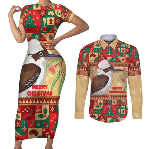 Australia Christmas Couples Matching Short Sleeve Bodycon Dress and Long Sleeve Button Shirt Kookaburra Santa With Gumtree