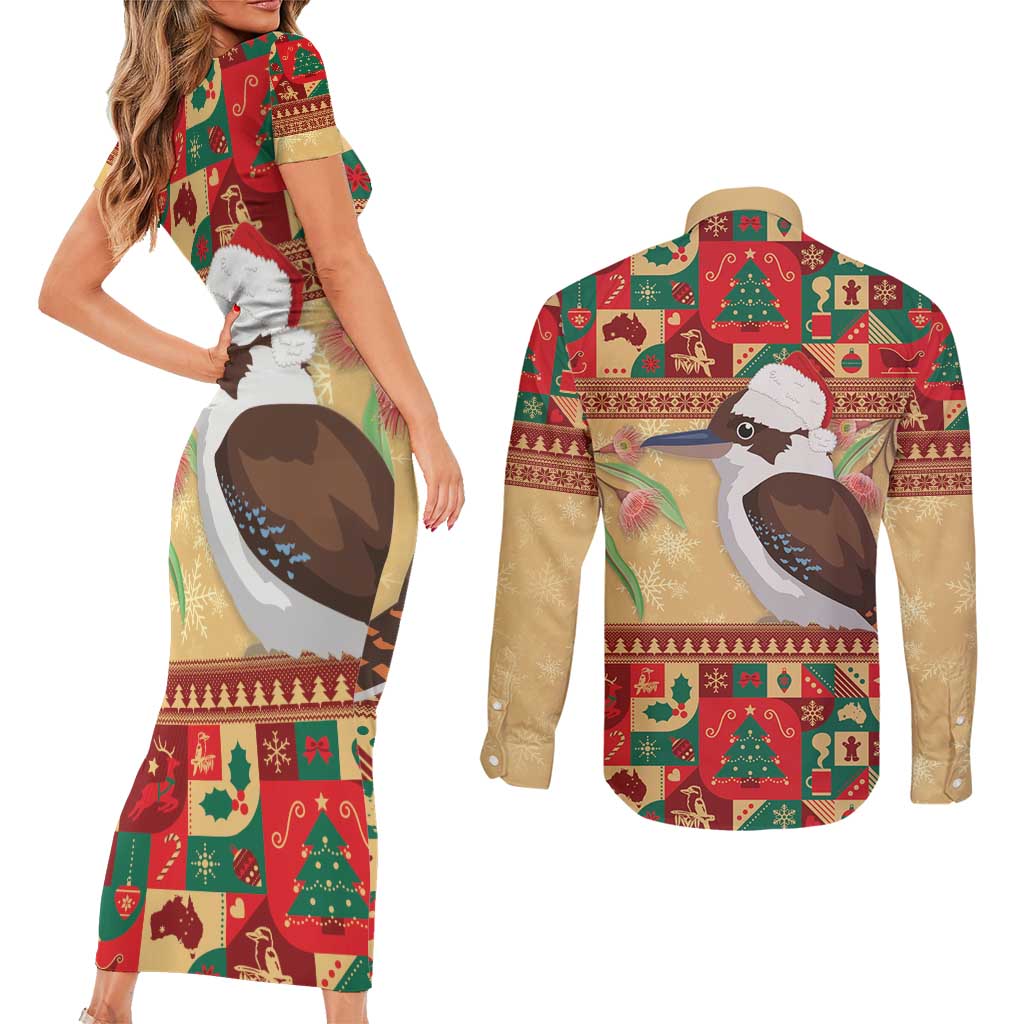 Australia Christmas Couples Matching Short Sleeve Bodycon Dress and Long Sleeve Button Shirt Kookaburra Santa With Gumtree