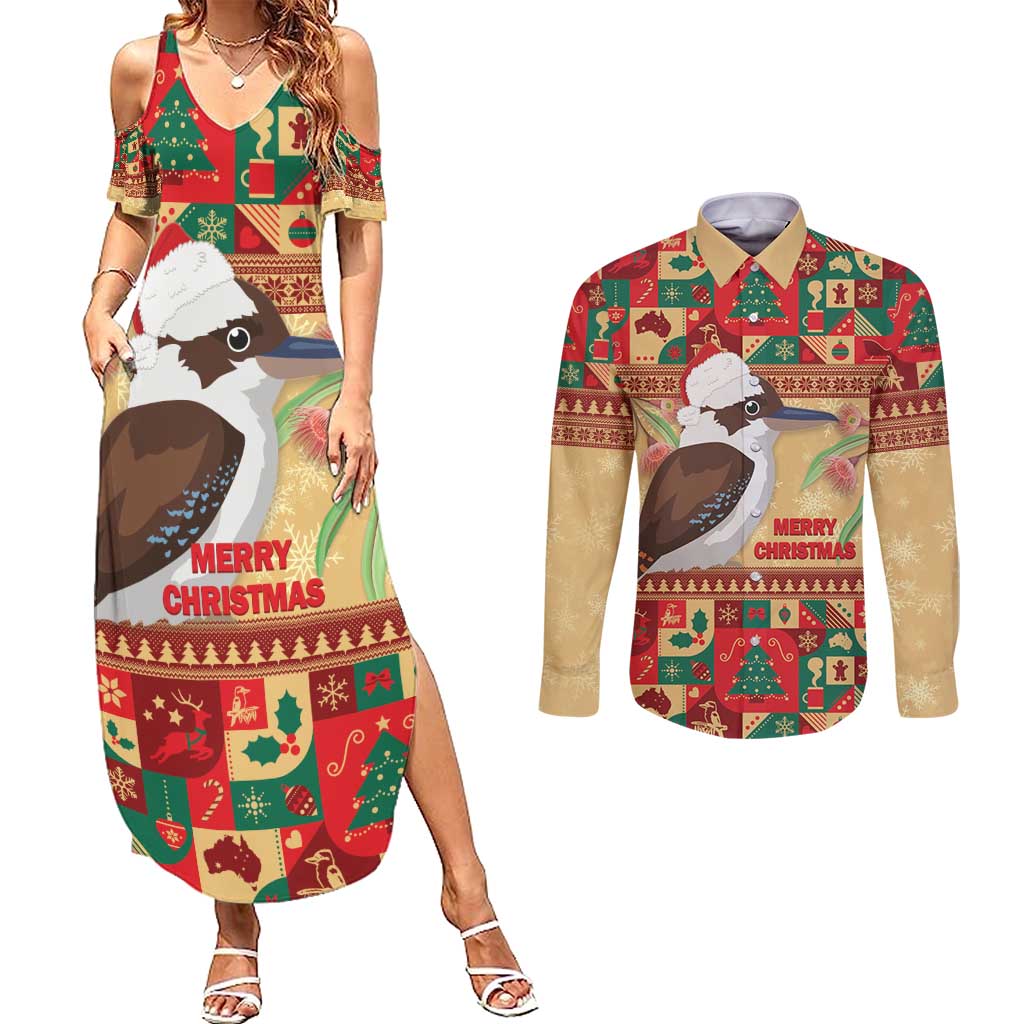 Australia Christmas Couples Matching Summer Maxi Dress and Long Sleeve Button Shirt Kookaburra Santa With Gumtree