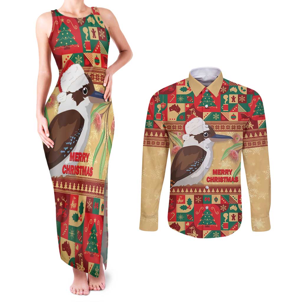Australia Christmas Couples Matching Tank Maxi Dress and Long Sleeve Button Shirt Kookaburra Santa With Gumtree