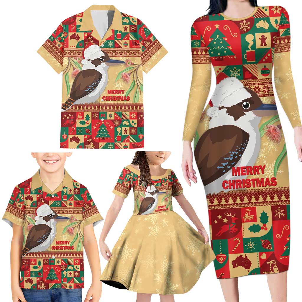 Australia Christmas Family Matching Long Sleeve Bodycon Dress and Hawaiian Shirt Kookaburra Santa With Gumtree