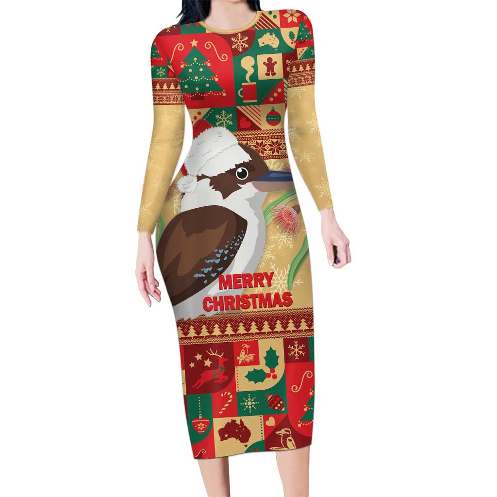 Australia Christmas Family Matching Long Sleeve Bodycon Dress and Hawaiian Shirt Kookaburra Santa With Gumtree