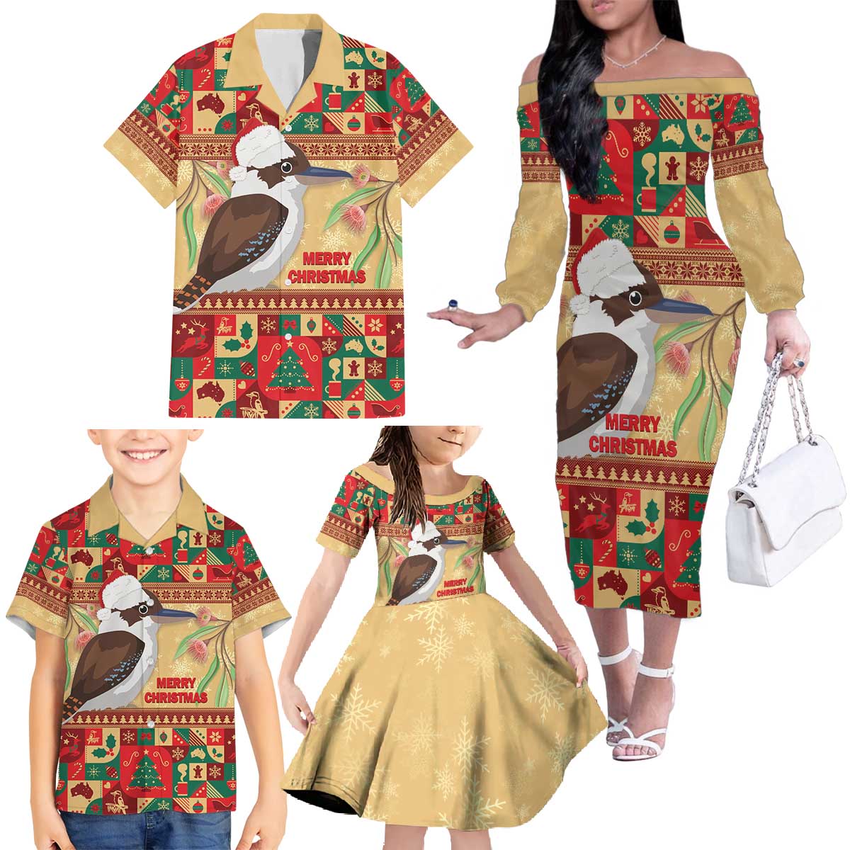 Australia Christmas Family Matching Off The Shoulder Long Sleeve Dress and Hawaiian Shirt Kookaburra Santa With Gumtree
