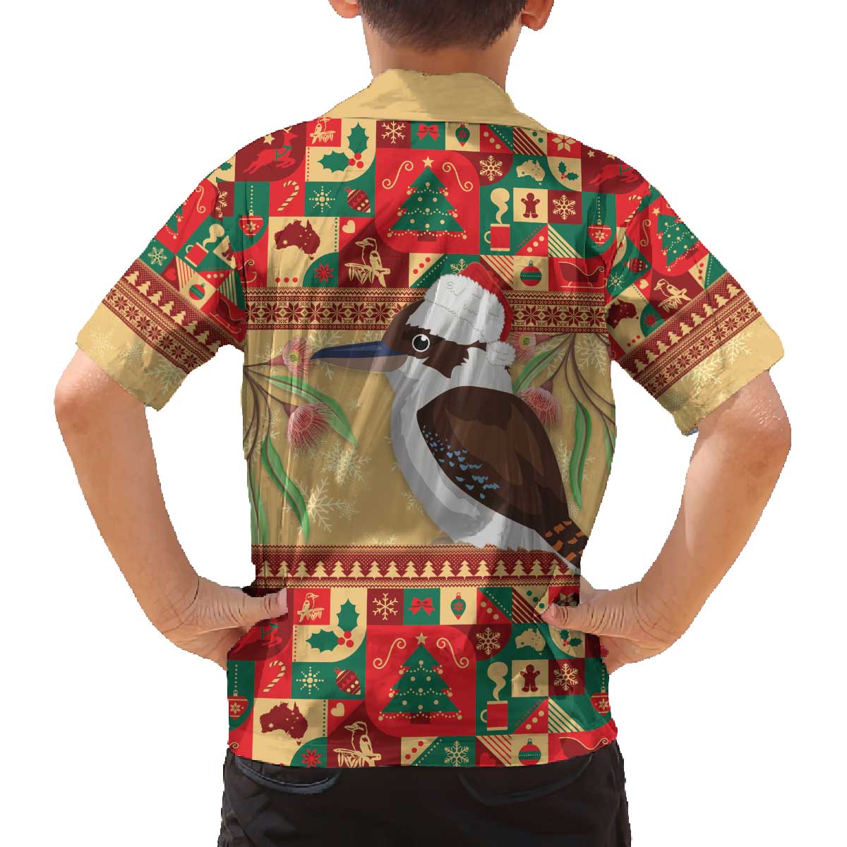 Australia Christmas Family Matching Off The Shoulder Long Sleeve Dress and Hawaiian Shirt Kookaburra Santa With Gumtree