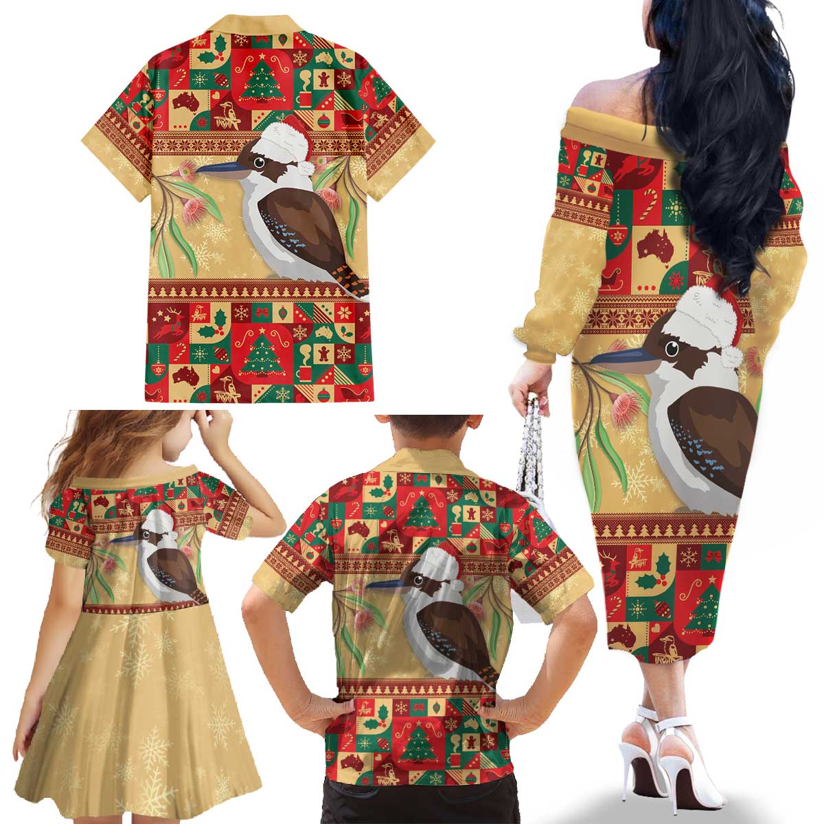 Australia Christmas Family Matching Off The Shoulder Long Sleeve Dress and Hawaiian Shirt Kookaburra Santa With Gumtree