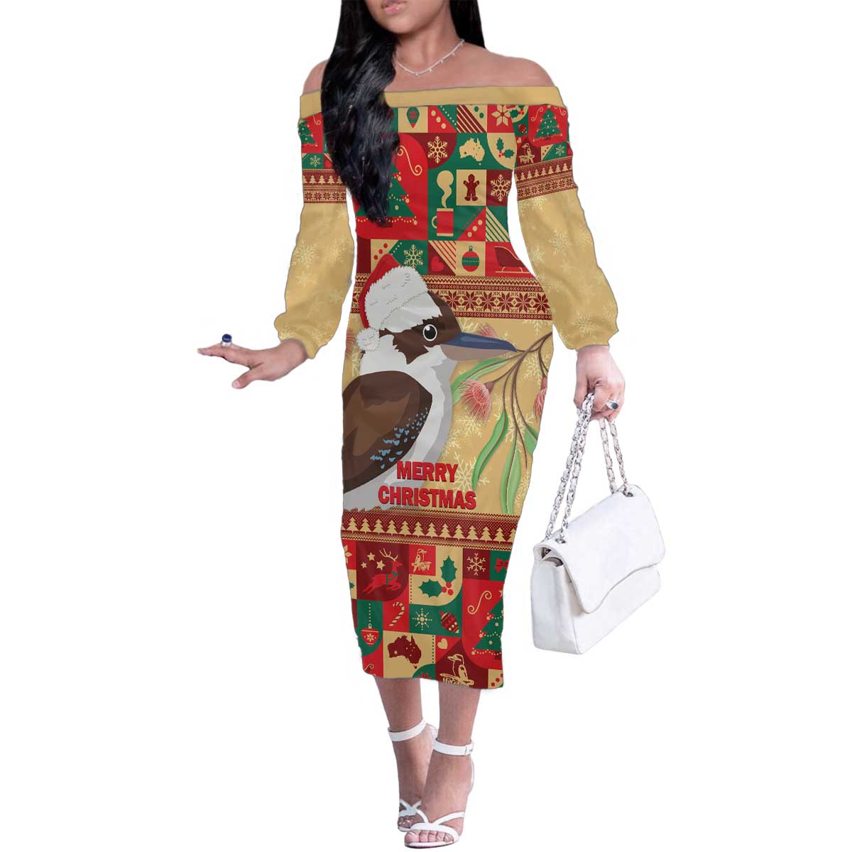 Australia Christmas Family Matching Off The Shoulder Long Sleeve Dress and Hawaiian Shirt Kookaburra Santa With Gumtree