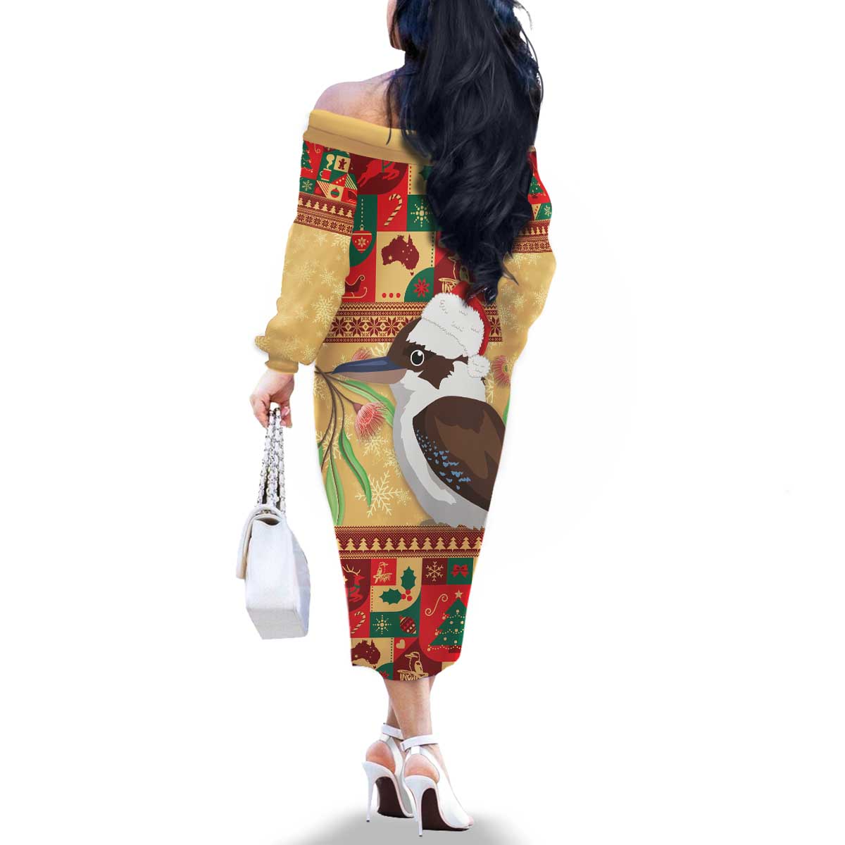 Australia Christmas Family Matching Off The Shoulder Long Sleeve Dress and Hawaiian Shirt Kookaburra Santa With Gumtree