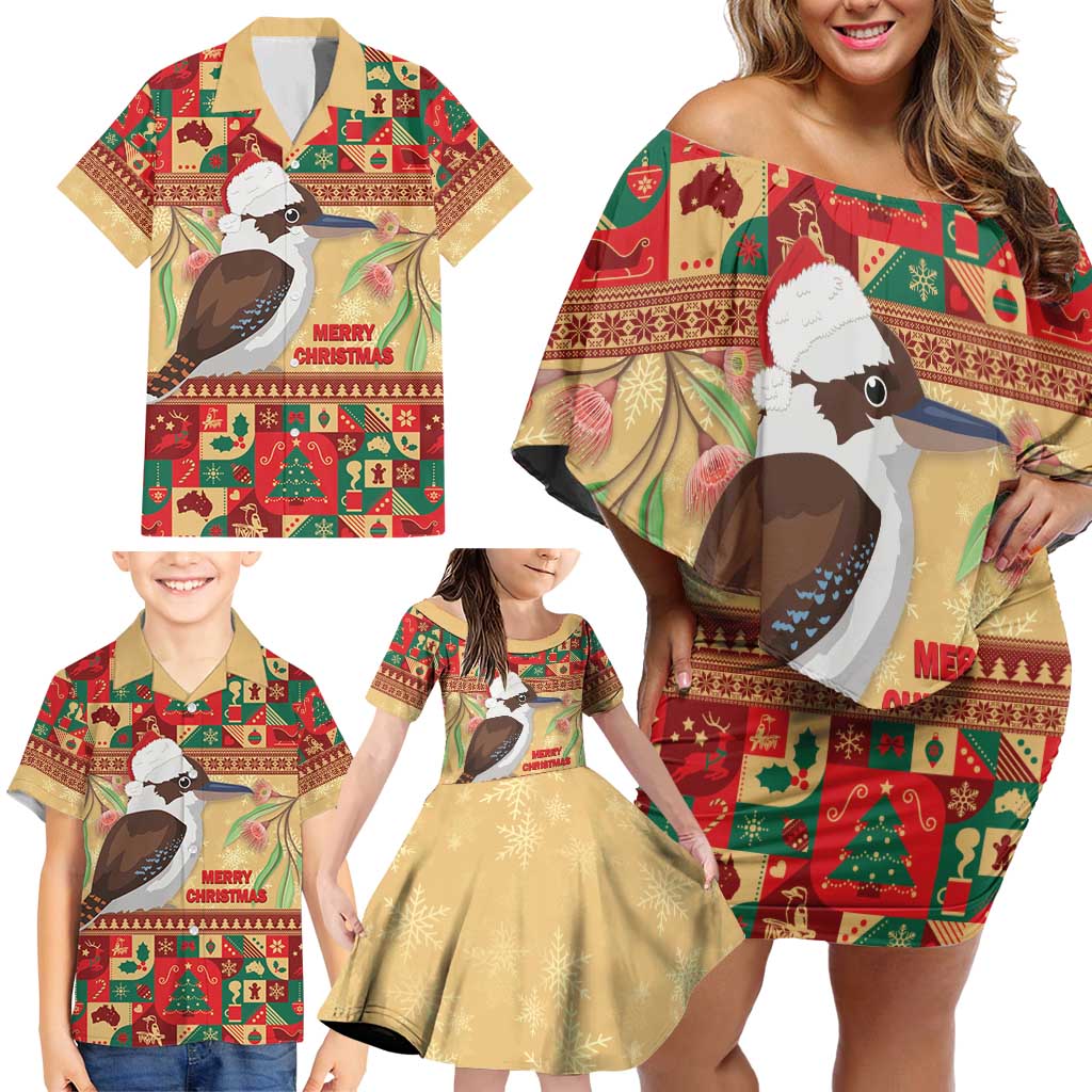 Australia Christmas Family Matching Off Shoulder Short Dress and Hawaiian Shirt Kookaburra Santa With Gumtree