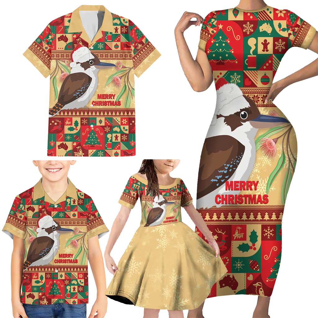 Australia Christmas Family Matching Short Sleeve Bodycon Dress and Hawaiian Shirt Kookaburra Santa With Gumtree