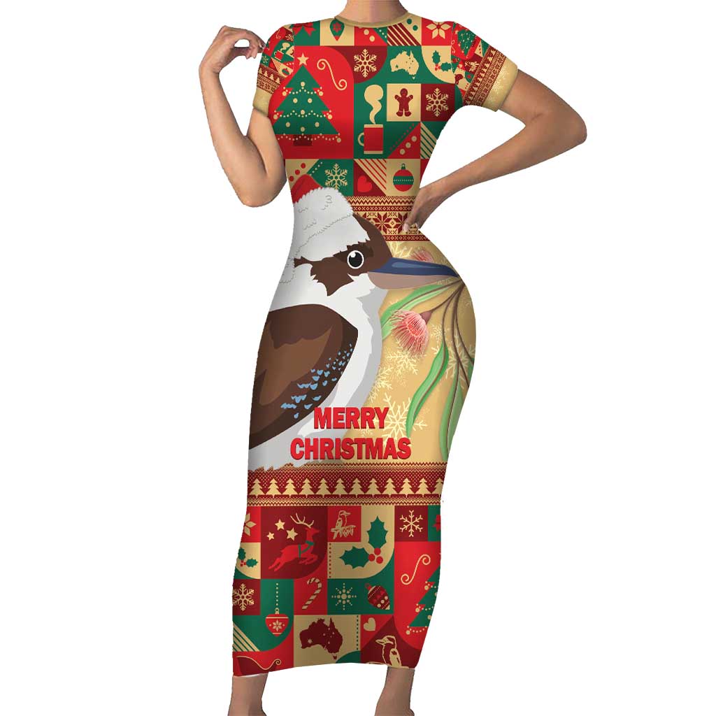 Australia Christmas Family Matching Short Sleeve Bodycon Dress and Hawaiian Shirt Kookaburra Santa With Gumtree