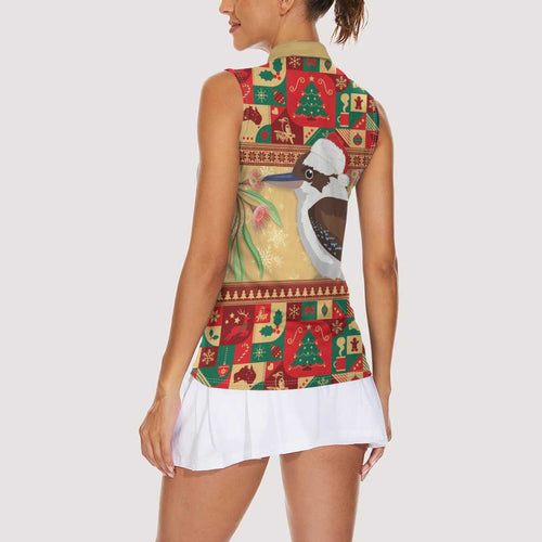 Australia Christmas Women Sleeveless Polo Shirt Kookaburra Santa With Gumtree