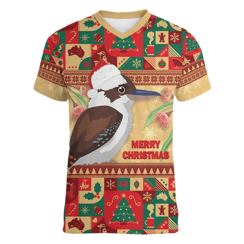 Australia Christmas Women V-Neck T-Shirt Kookaburra Santa With Gumtree
