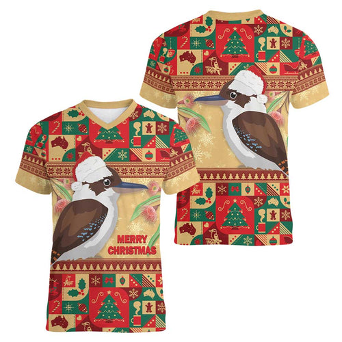 Australia Christmas Women V-Neck T-Shirt Kookaburra Santa With Gumtree