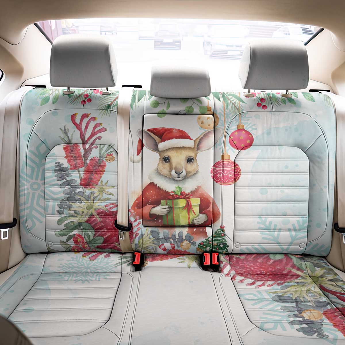 Australia Christmas Back Car Seat Cover Kangaroo Santa With Aussie Flower - Watercolor