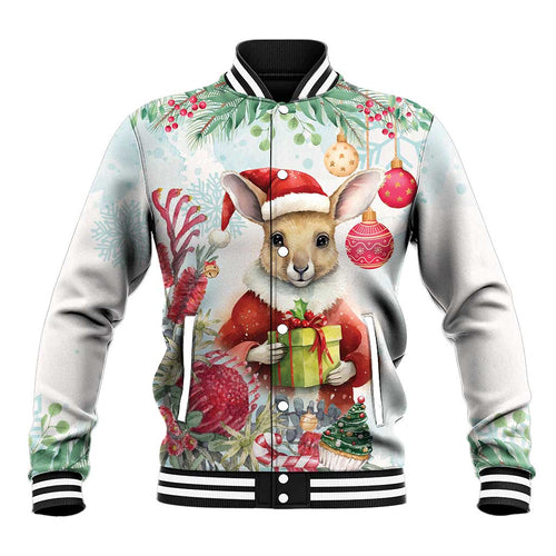 Australia Christmas Baseball Jacket Kangaroo Santa With Aussie Flower - Watercolor