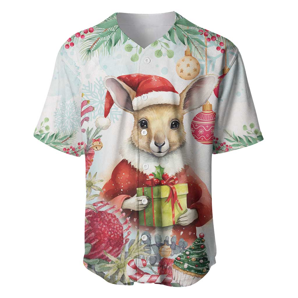 Australia Christmas Baseball Jersey Kangaroo Santa With Aussie Flower - Watercolor