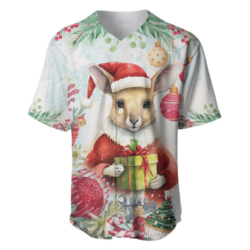 Australia Christmas Baseball Jersey Kangaroo Santa With Aussie Flower - Watercolor