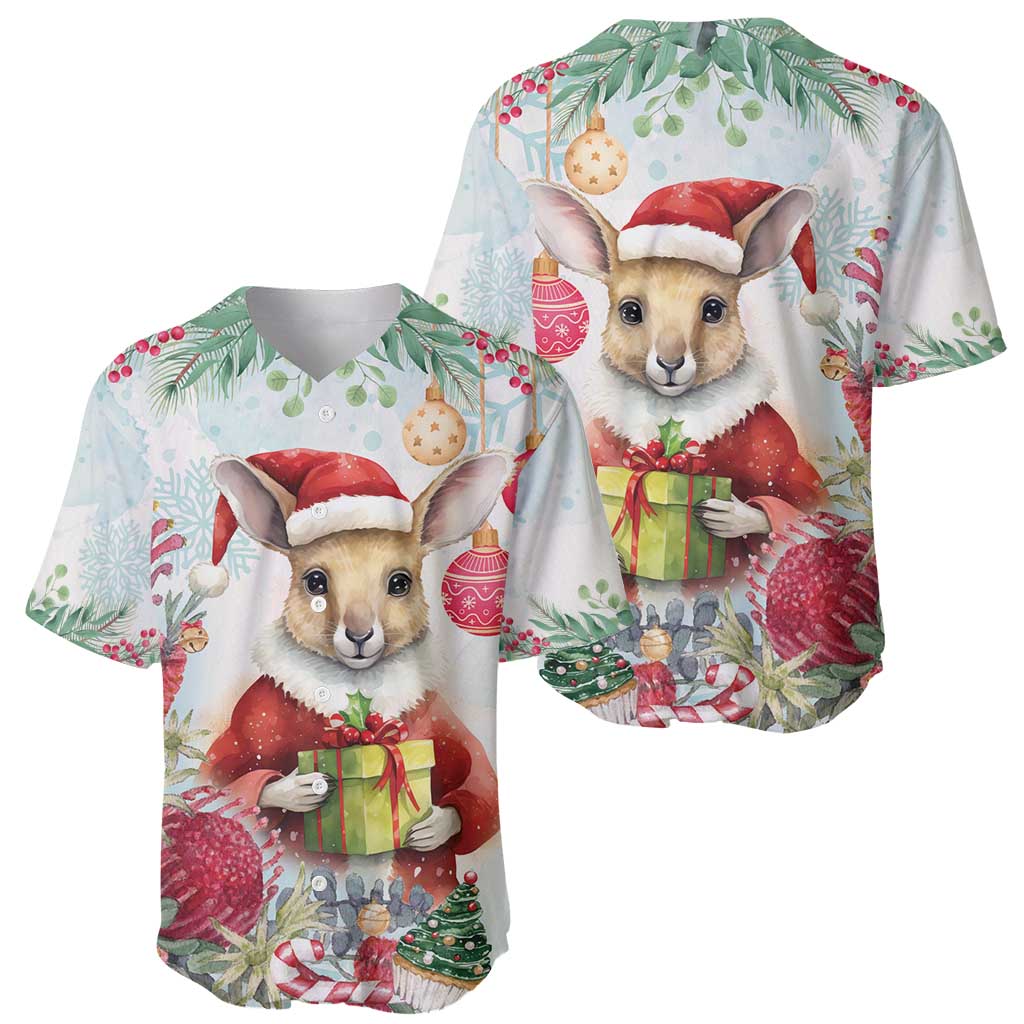 Australia Christmas Baseball Jersey Kangaroo Santa With Aussie Flower - Watercolor
