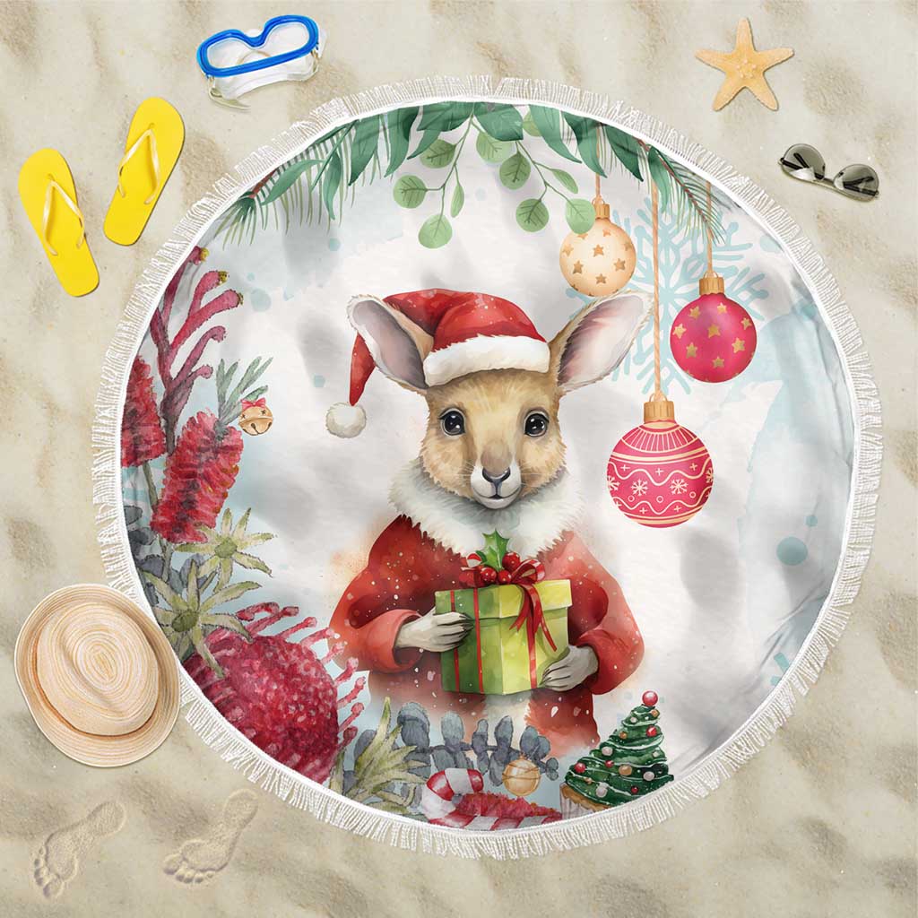 Australia Christmas Beach Blanket Kangaroo Santa With Aussie Flower - Watercolor