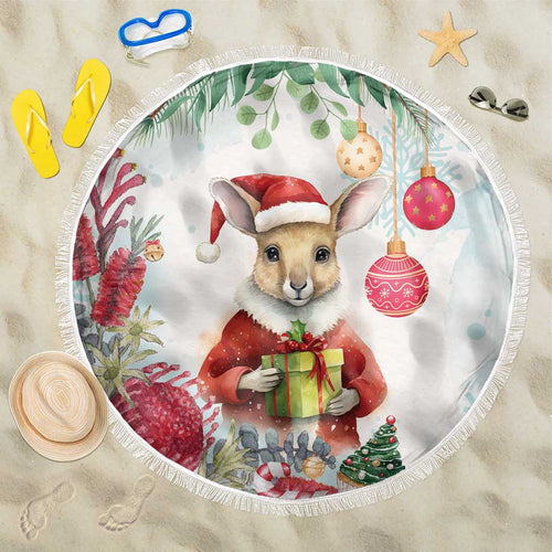 Australia Christmas Beach Blanket Kangaroo Santa With Aussie Flower - Watercolor