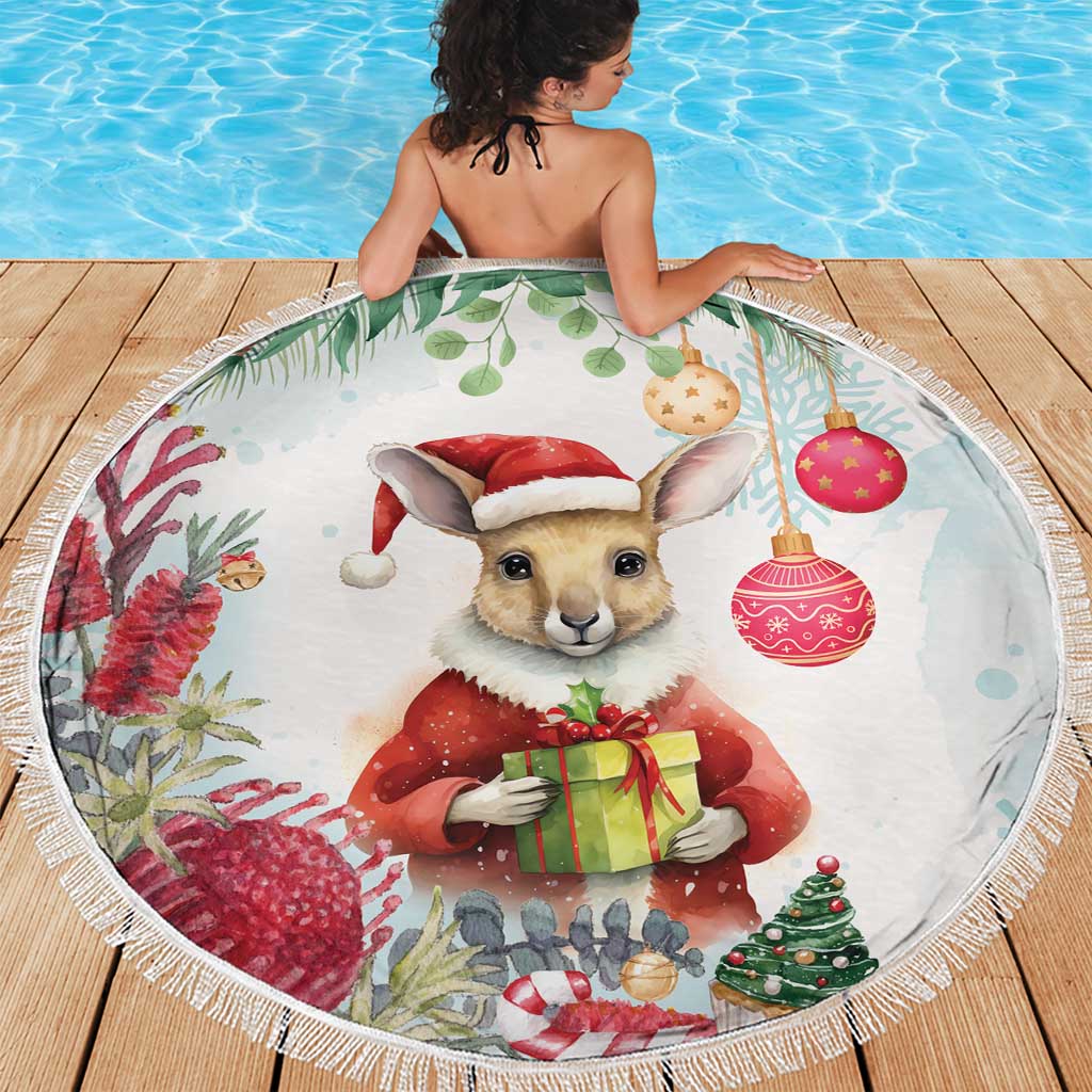 Australia Christmas Beach Blanket Kangaroo Santa With Aussie Flower - Watercolor