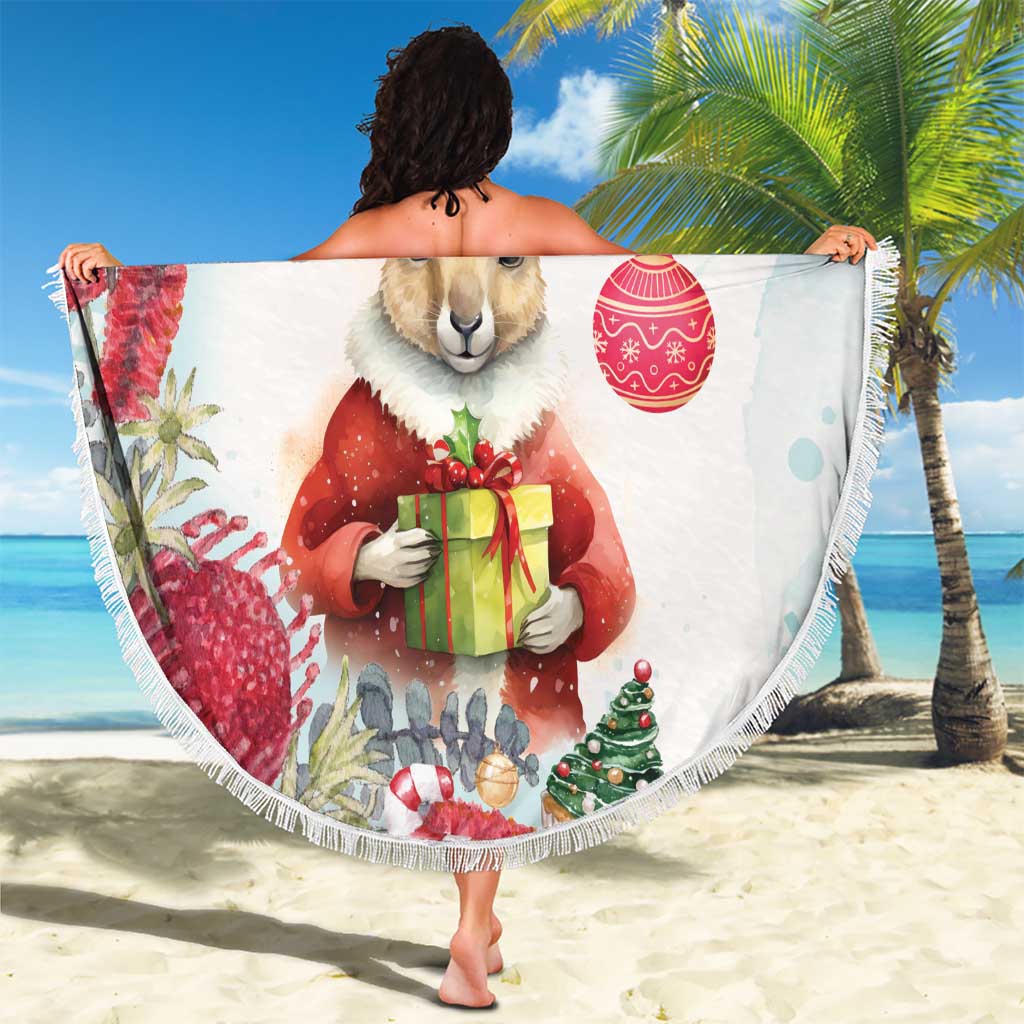 Australia Christmas Beach Blanket Kangaroo Santa With Aussie Flower - Watercolor