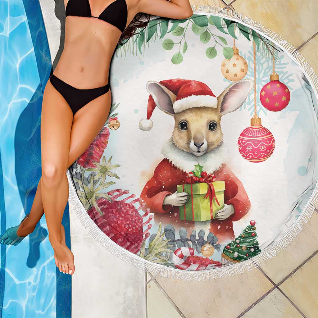 Australia Christmas Beach Blanket Kangaroo Santa With Aussie Flower - Watercolor