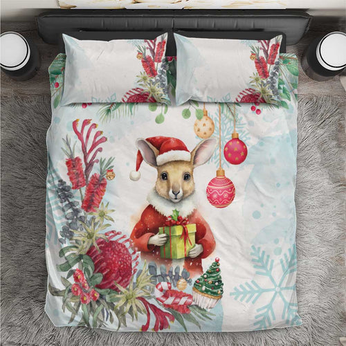 Australia Christmas Bedding Set Kangaroo Santa With Aussie Flower - Watercolor