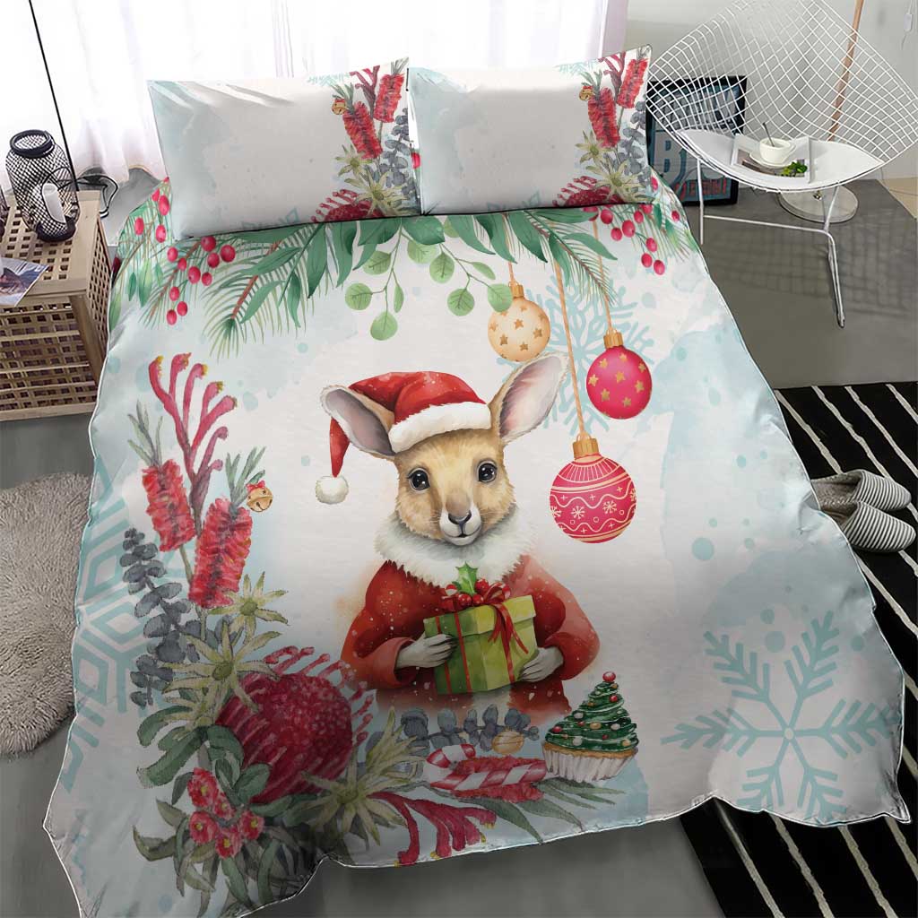 Australia Christmas Bedding Set Kangaroo Santa With Aussie Flower - Watercolor