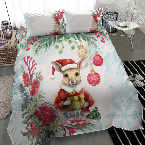 Australia Christmas Bedding Set Kangaroo Santa With Aussie Flower - Watercolor
