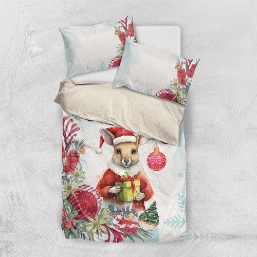 Australia Christmas Bedding Set Kangaroo Santa With Aussie Flower - Watercolor