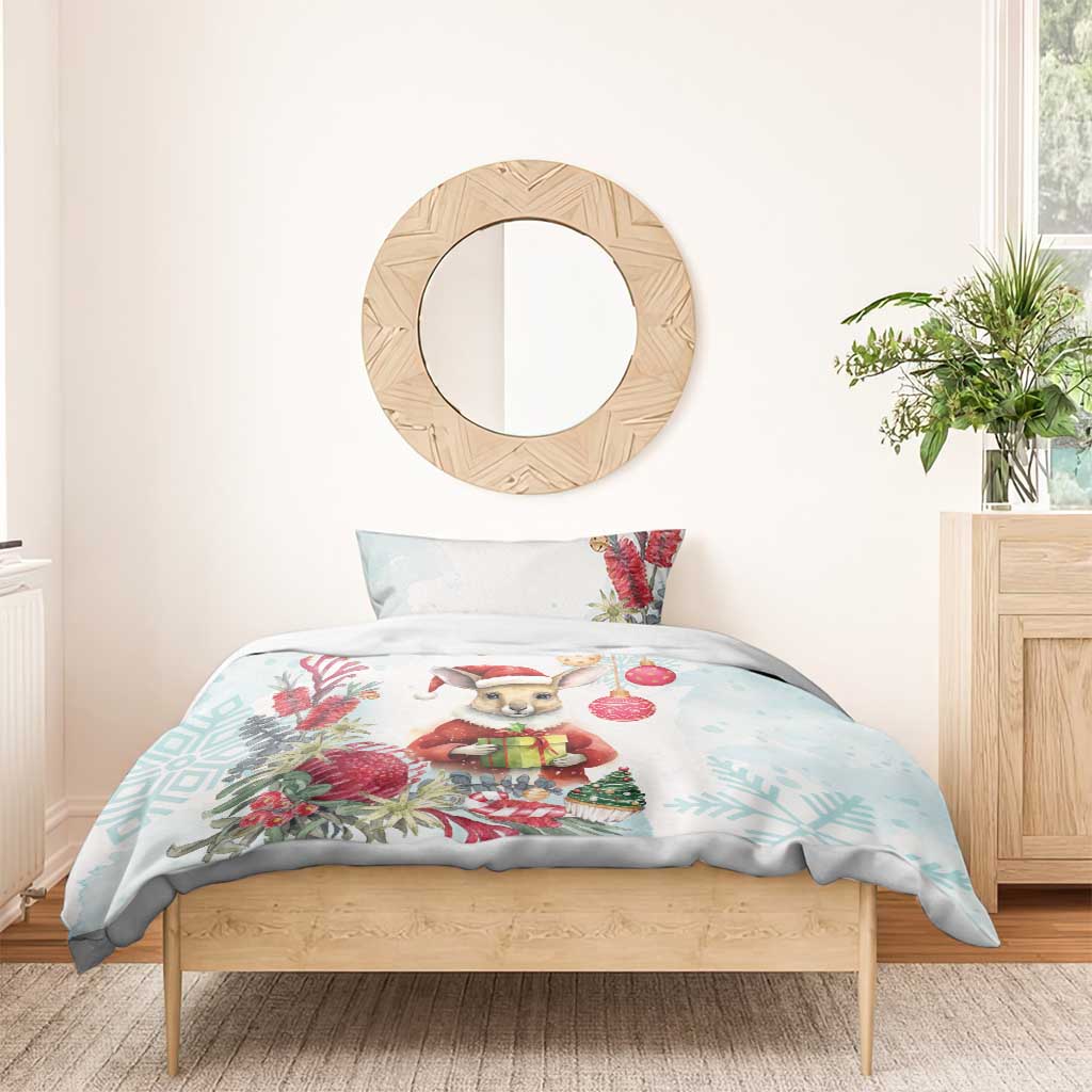 Australia Christmas Bedding Set Kangaroo Santa With Aussie Flower - Watercolor